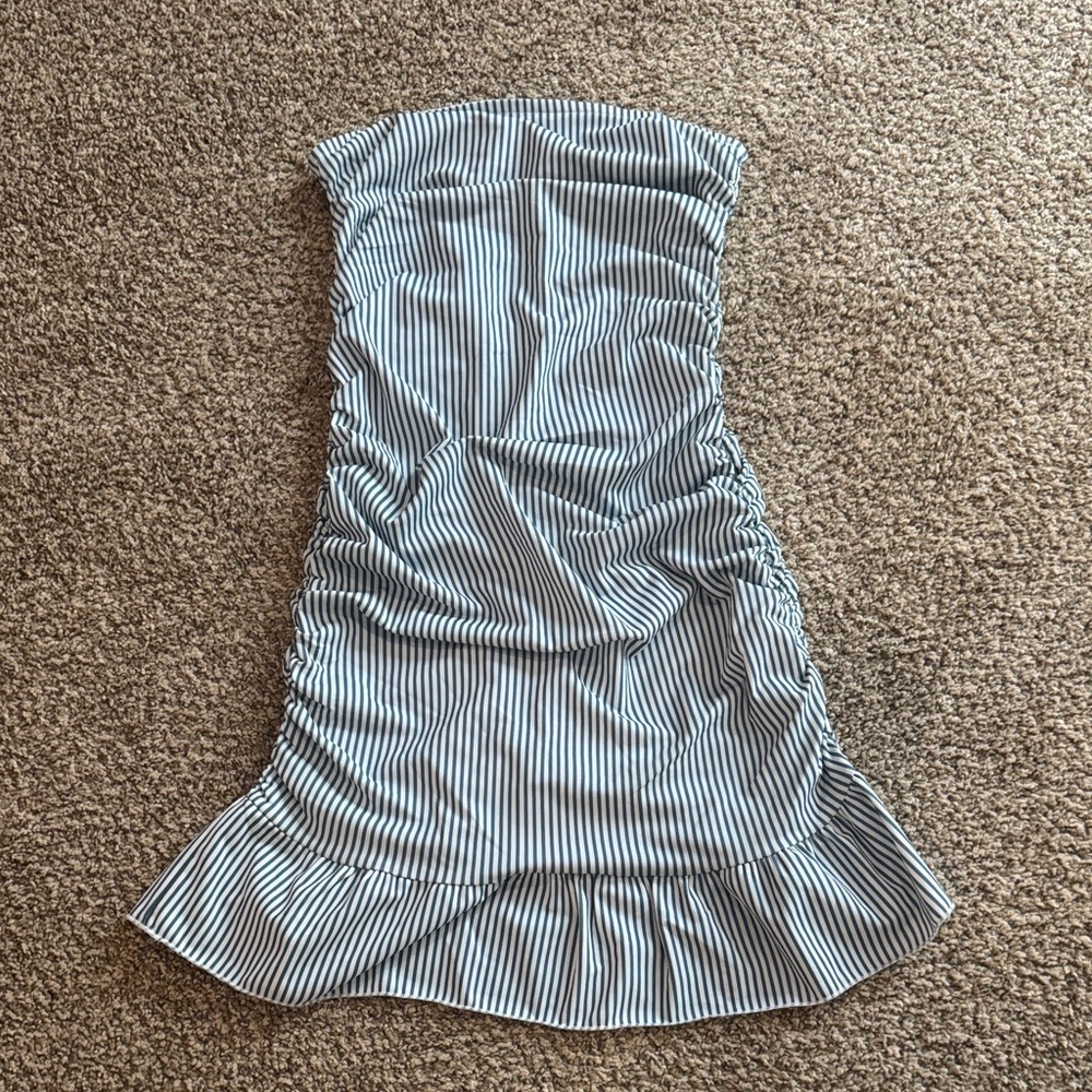 Edikted Strapless Pinstripe Ruffle-Hem Dress - Blue & White